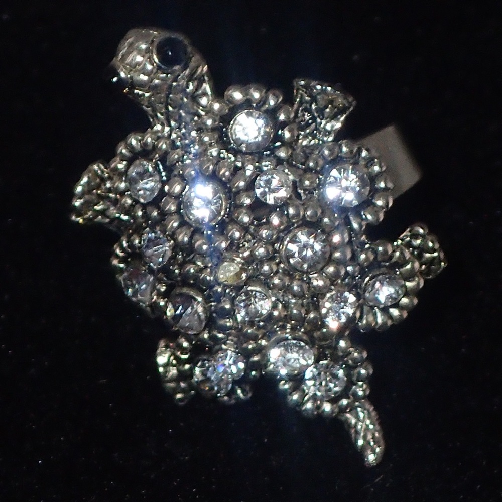 Vintage Ring Crystal Turtle Silver Adjustable Band Size 7 A Statement Piece Rare - Picture 11 of 12
